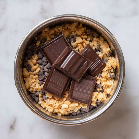 Inside a shiny metal pot, there is a layer of small, light brown peanut pieces mixed with many dark brown chocolate chips. On top of this mix, four small rectangular blocks of dark chocolate are evenly placed, their smooth surface showing simple line details. The pot's edges curve smoothly, reflecting some light. The pot sits on a white marbled surface. photo taken with an iphone --ar 4:5 --v 7
