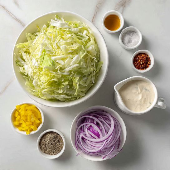 The image shows a white bowl filled with shredded light green and pale yellow lettuce placed on a white marbled surface. Around the bowl, there are five smaller white containers: one with thinly sliced red onions displaying shades of purple and white, a small bowl with bright yellow chopped peppers, a bowl with a reddish liquid, a bowl containing a mix of white salt, black pepper, and tan spices, and a measuring cup filled with creamy white sauce. The arrangement is neat and colorful, emphasizing fresh ingredients on a bright, clean background. photo taken with an iphone --ar 4:5 --v 7