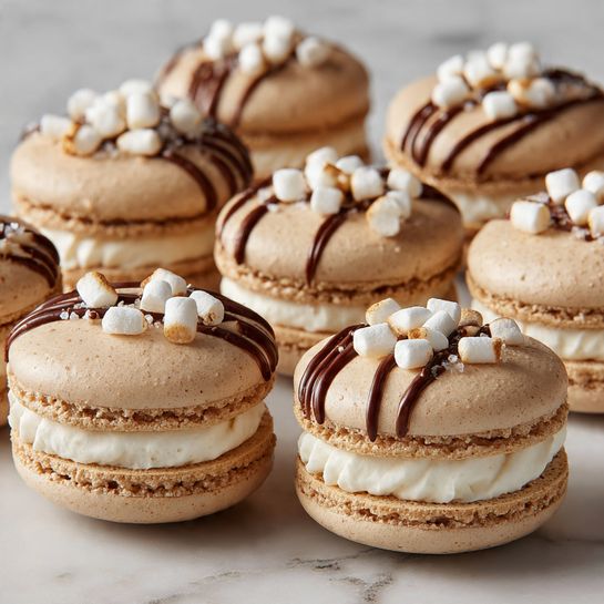 Chocolate Macarons with Dark Chocolate Ganache and Dehydrated Marshmallow Accents Recipe