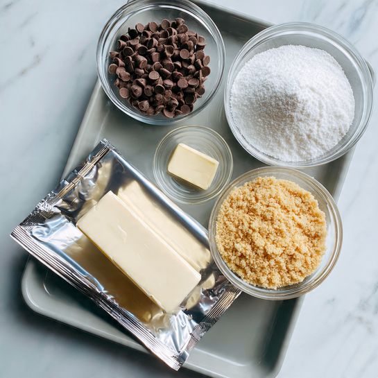 A gray baking sheet holds four clear glass bowls and an open foil package, all arranged neatly. The top left glass bowl is filled with small, dark brown chocolate chips that have a shiny texture. To its right, a larger glass bowl holds a mound of fine white powdered sugar with a slightly uneven surface. Below the chocolate chips, a smaller glass bowl contains light golden crushed crumbs with a grainy texture. Below the powdered sugar and next to the crumbs, there is an open foil package with a rectangular block of smooth, creamy white cream cheese resting on it. To the left of the cream cheese package, a tiny clear bowl holds a small amount of soft, pale yellow butter. The items are set on a white marbled surface. photo taken with an iphone --ar 4:5 --v 7