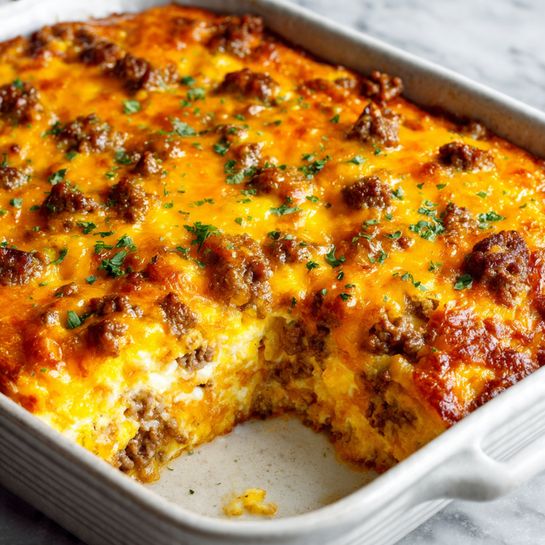 The image shows a close-up of a cheesy baked dish in a white ceramic pan. The top layer is bright orange melted cheese with browned spots and scattered browned meat chunks. Beneath the cheese is a creamy, light layer mixed with bits of cooked ground meat. One section has a scoop taken out, revealing the creamy inside mixed with meat, showing the thick, rich texture of the layers. The white marbled surface around the pan adds a clean, bright backdrop. Photo taken with an iphone --ar 4:5 --v 7