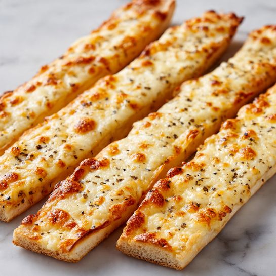 The image shows four long, thin breadsticks covered with melted cheese that is golden brown with bubbly spots on top. The surface of the cheese has a sprinkling of black pepper, adding small dark specks across the creamy white and light brown colors. The breadsticks have a soft and slightly thick crust that is light golden in color. They are placed close together on a white marbled surface, filling the frame with their warm and fresh look. photo taken with an iphone --ar 4:5 --v 7