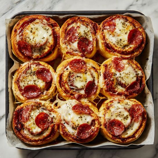 The image shows a close-up of eight baked pizza rolls arranged tightly on a baking tray lined with paper. Each roll has multiple visible layers starting from a soft, golden-brown outer dough, swirling inward with a layer of melted white cheese that appears creamy, and rings of bright red pepperoni slices evenly spread throughout. Some melted cheese has browned and bubbled slightly on the edges, adding texture. The surface of the rolls is sprinkled with small bits of herbs and possibly black pepper. The baking tray rests on a white marbled surface. The photo taken with an iphone --ar 4:5 --v 7