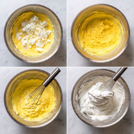 The images show three stages of mixing batter in a silver bowl placed on a white marbled surface. In the first stage, a thick yellow batter is mixed with white sugar and butter chunks on top. The second stage shows a yellow batter being whisked together with white chocolate chips added inside. The third stage displays the batter still yellow but lighter, with a large dollop of fluffy white whipped cream or meringue being folded in using a whisk. The scene is well-lit, and the bowl and whisk are stainless steel. photo taken with an iphone --ar 4:5 --v 7