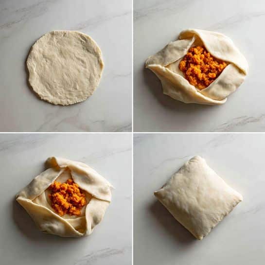 The image shows four steps of making a stuffed dough parcel on a white marbled surface. The first step displays a flat, round, off-white dough circle with a slightly uneven edge and a soft texture. The second step shows an orange, chunky filling placed in the center of the dough circle, adding a bright contrast. The third step captures the dough being folded over the filling with two corners pinched together above it, creating a triangular pouch with visible folds and texture. The last step presents the pouch fully closed, shaped into a neat, compact, smooth square with rounded edges. photo taken with an iphone --ar 4:5 --v 7