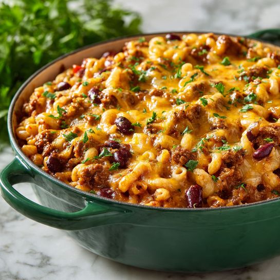 A close-up of a round green pot filled with a cheesy macaroni dish with multiple textures and colors. The bottom layer consists of short elbow macaroni pasta mixed with dark red kidney beans and small bits of browned ground meat and red diced tomatoes, all coated in a thick, shiny orange cheese sauce. The top layer is a thick blanket of melted cheddar cheese with a smooth, glossy surface, dotted with small green parsley flakes as garnish. The pot sits on a white marbled surface with some green leafy herbs partially visible in the background. Photo taken with an iphone --ar 4:5 --v 7