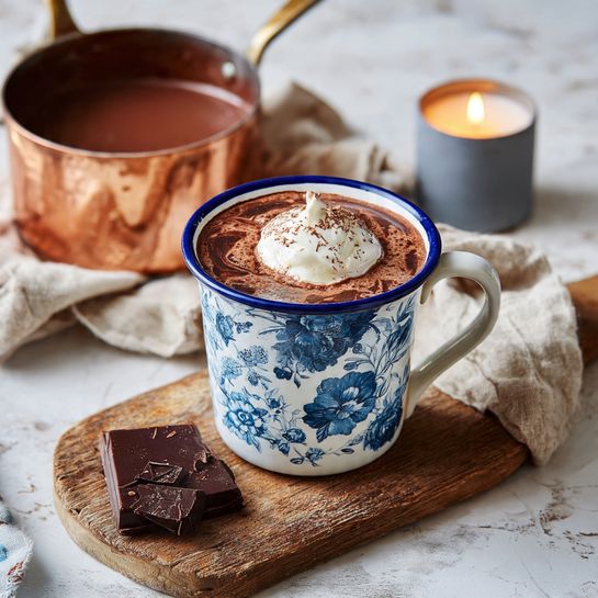 A mug with a blue floral pattern and a blue rim is filled with chocolate drink, topped with a dollop of white cream in the center. The mug sits on a rustic wooden board with a small piece of dark chocolate beside it. To the left, there is a shiny copper pot filled with chocolate, resting on a beige cloth. On the right side of the board, a small lit candle in a grey holder adds a warm glow. The whole scene is set on a white marbled surface. photo taken with an iphone --ar 4:5 --v 7