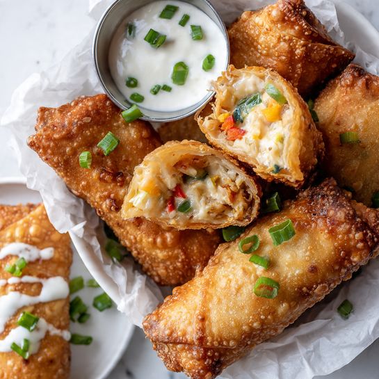 The image shows a group of golden brown fried egg rolls on white parchment paper inside a white bowl, placed on a white marbled surface. Two egg rolls are broken open, revealing a creamy, light brown filling mixed with small pieces of red, green, and white ingredients, topped with chopped green onions. There is a small metal cup with white dipping sauce garnished with chopped green onions, placed near the egg rolls. In the bottom left corner, part of a white plate with one unbroken egg roll topped with white sauce is visible. photo taken with an iphone --ar 4:5 --v 7