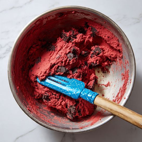 Bear Cookies Recipe 4 A close-up view of a metal bowl filled with thick, red dough mixed with dark chocolate chips scattered throughout. A blue spatula with a white pattern on the blade and a wooden handle is partially inserted on the right side, resting against the dough. The inside edge of the bowl has some dough residue, and the background is a white marbled texture. photo taken with an iphone --ar 4:5 --v 7
