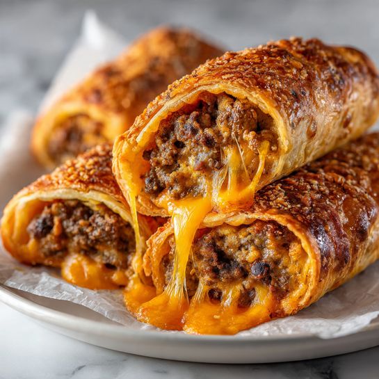 The image shows three golden-brown crispy rolled pastries filled with cooked ground meat and melted bright orange cheese. The pastries have a bubbly, crunchy outer layer and are arranged close together on a white plate lined with white parchment paper. The front pastry is cut open, revealing the dark, crumbly meat mixed with gooey melted cheese inside, with some meat and cheese spilling out slightly. The background shows more of the same pastries out of focus, set on a white marbled surface. photo taken with an iphone --ar 4:5 --v 7