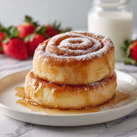 Toast: A Decadent Twist on Cinnamon Swirl French Toast with Creamy Vanilla Glaze Recipe 5 The image shows a stack of two cinnamon rolls on a white plate. The bottom layer is a thick, golden-brown cinnamon roll with a slightly crispy edge and a soft inside. The top layer is a smaller cinnamon roll with a clear spiral pattern, covered with a light dusting of powdered sugar. Both rolls are glazed with shiny syrup that pools gently on the plate. The background is softly blurred with red strawberries and a glass jar of milk, set on a white marbled surface. photo taken with an iphone --ar 4:5 --v 7