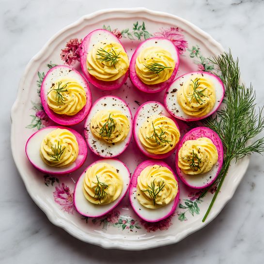 Pickled Beet Deviled Eggs with Fresh Dill and Chives Recipe