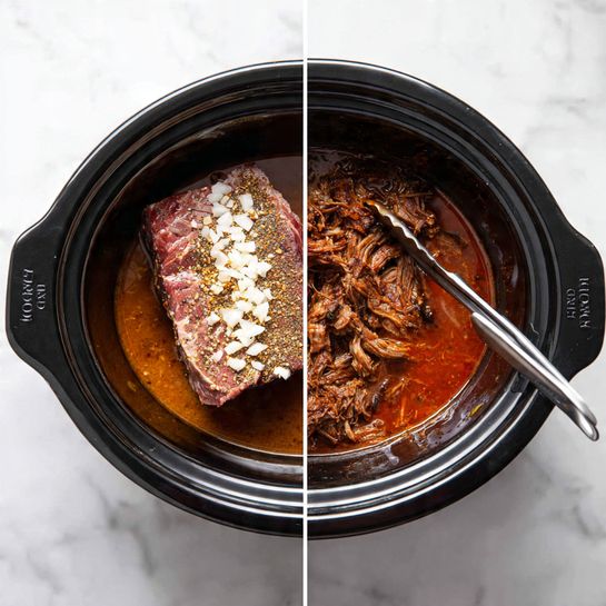 The image shows two side-by-side photos inside a black slow cooker, placed on a white marbled surface. The left photo has a single large raw piece of meat, seasoned with coarse white chopped onions and light-colored spices spread over the top. The meat sits in the center of the slow cooker with a slight sheen from added oil. The right photo shows the same slow cooker with shredded cooked meat in a reddish-brown sauce, partially mixed and held by silver tongs in the top right part of the slow cooker. The sauce has a rich, glossy texture, and the shredded meat has a fibrous texture with varying dark brown shades. photo taken with an iphone --ar 4:5 --v 7