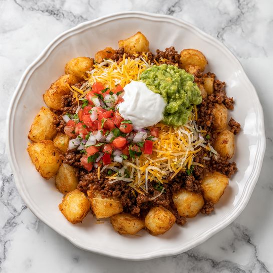 The dish is shown on a white scalloped plate sitting on a white marbled surface. At the bottom, there is a layer of thick, golden-brown fried potato cubes. On top of the potatoes, there is a generous layer of cooked ground meat with a rich brown color. Shredded melted cheese in light yellow and white is sprinkled over the meat, adding a soft, stringy texture. Above the cheese, there is a dollop of white sour cream, smooth and creamy. Next to the sour cream, there is a scoop of chunky green guacamole. Finally, a colorful layer of finely chopped red tomatoes, green peppers, and white onions sits on the top, adding bright red, green, and white colors. Photo taken with an iphone --ar 4:5 --v 7