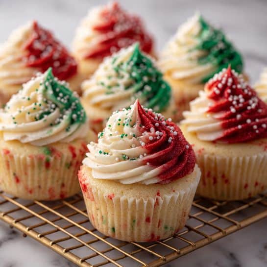 There are several small cupcakes on a gold cooling rack placed over a white marbled surface. Each cupcake has one layer of light beige cake with red, green, and blue sprinkles embedded inside. On top of each cupcake, there is a swirl of frosting with two colors: red and white, mixed in a side-by-side pattern. The frosting is decorated with green, white, and red sprinkles. The cupcakes are spaced out evenly on the rack. Photo taken with an iphone --ar 4:5 --v 7