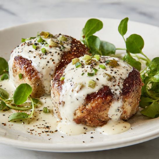 Chicken Pillows with Creamy Parmesan Sauce Recipe 5 Two golden brown round patties with a crispy texture sit on a white plate, each topped with a thick, creamy white sauce sprinkled with finely chopped green herbs and black pepper. The sauce also pools around the base of the patties. Fresh green leafy herbs are placed behind the patties as garnish. The plate rests on a white marbled surface. photo taken with an iphone --ar 4:5 --v 7