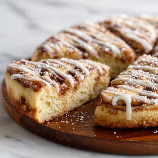 Cinnamon Sugar Crescent Roll Pizza with Vanilla Icing Recipe 5 The image shows a round, sliced cinnamon roll pizza on a wooden board. The base layer is thick, soft, golden-brown dough with a slightly fluffy texture. On top, there is a thick layer of cinnamon sugar, caramelized and glossy with a warm brown color. Over this, white icing is drizzled in uneven horizontal lines across each slice. The whole roll is dusted lightly with powdered sugar, adding a fine white texture on top. The background is a white marbled surface. photo taken with an iphone --ar 4:5 --v 7