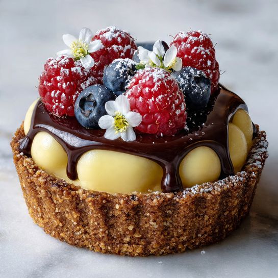 The image shows a small tart with three visible layers. The bottom layer is a rough, golden-brown crumb crust with a textured edge. On top of that is a pale yellow creamy layer, shaped into round dollops tightly packed around the tart. Over the cream is a shiny dark chocolate glaze that drips slightly down the sides. The tart is decorated with fresh red raspberries, dark blue blueberries, and small white flowers arranged neatly on top. A light dusting of powdered sugar covers the berries and surface. The tart is resting on a white marbled surface. photo taken with an iphone --ar 4:5 --v 7