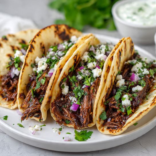 Four small soft corn tortillas with light brown grill marks are folded and placed on a white plate. Each tortilla is filled with dark brown shredded meat, topped with small pieces of white cheese, chopped fresh green cilantro, and purple diced onions. The plate is set on a white marbled surface, with blurred green leaves and a white bowl with a creamy white sauce visible in the background. photo taken with an iphone --ar 4:5 --v 7