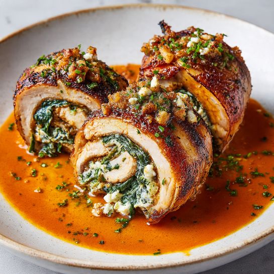 Two cooked rolled chicken pieces sit side by side on a white marbled surface, each roll showing a crispy, golden brown outside with a textured, slightly charred skin. The rolls are stuffed with a creamy mix of bright green spinach and white cheese, cut open to reveal the filling inside. The chicken sits in a pool of smooth, orange sauce underneath, with some finely chopped green herbs sprinkled both on top of the chicken and on the sauce around it. photo taken with an iphone --ar 4:5 --v 7