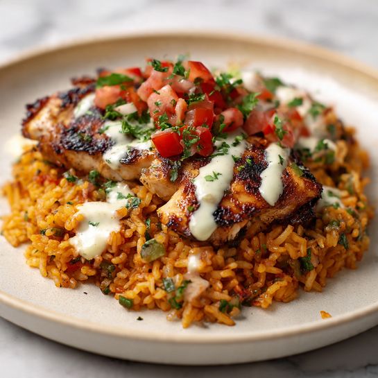A white bowl filled with a base layer of mixed rice, black beans, yellow corn, and small tomato pieces, showing a light and slightly textured surface. On top of this is a thick, golden-brown grilled chicken piece covered with melted white cheese creating a creamy, smooth layer. Fresh green chopped cilantro is scattered over the chicken, adding a bright, leafy texture. Three lime wedges, bright green and juicy, are placed in the back corner of the bowl. The bowl sits on a white marbled surface. photo taken with an iphone --ar 4:5 --v 7