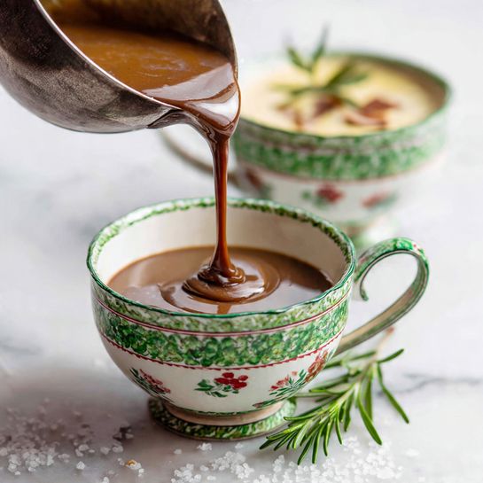 A dark brown liquid is being poured from a large metal ladle into a white cup with a green and red pattern around its top and middle. The cup is placed on a surface with white granules scattered around and a small green rosemary sprig nearby. In the background, another cup with the same pattern holds a light cream-colored drink topped with some darker brown pieces, all set on a white marbled texture. Photo taken with an iphone --ar 4:5 --v 7