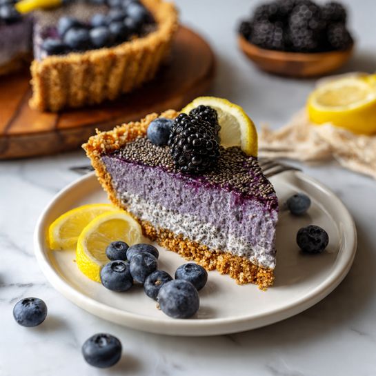 The image shows a slice of purple chia seed pudding pie on a white plate. The pie has two layers: a crunchy golden crumb crust at the bottom and a thick, textured purple chia pudding layer filled with whole blueberries embedded inside. On top of the pudding layer, there is a cluster of chia seeds, a single blackberry, a fresh blueberry, and a thin, bright yellow lemon slice placed on the side. Around the plate, there are scattered fresh blueberries and blackberries. In the background, the rest of the pie is visible on a wooden board, with some more blackberries nearby, all set on a white marbled surface. photo taken with an iphone --ar 4:5 --v 7