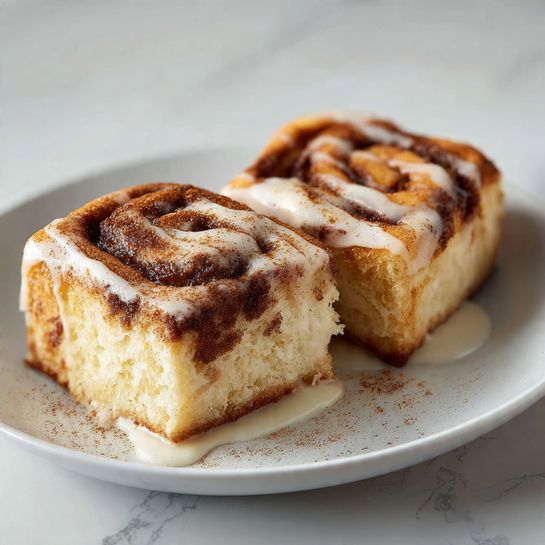 Two thick squares of cinnamon roll are placed side by side on a white plate. Each square has multiple soft, golden-brown layers swirled with dark cinnamon filling, topped with a light drizzle of creamy white icing that pools slightly around the base. The surface shows a slightly caramelized, spiced texture with a dusting of cinnamon powder. The background is a white marbled texture. photo taken with an iphone --ar 4:5 --v 7