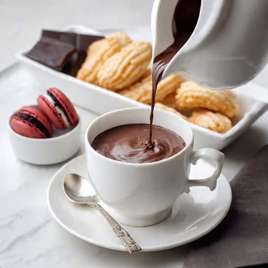 A white cup with a delicate handle sits on a matching white saucer, filled with smooth, thick chocolate being poured from a white pitcher above, creating a small swirl on the surface. Behind the cup, a white rectangular dish holds several golden brown, curved chips with a crispy texture. To the left, there is a small white bowl containing two dark red macarons with a black filling, and a partially unwrapped bar of dark chocolate rests nearby on a dark fabric. All items are placed on a white marbled surface. photo taken with an iphone --ar 4:5 --v 7