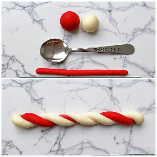 The image shows a step-by-step making of a red and cream twisted dough stick on a white marbled background. At the top, two small smooth dough balls, one bright red and one cream-colored, sit side by side above a shiny metal measuring spoon labeled