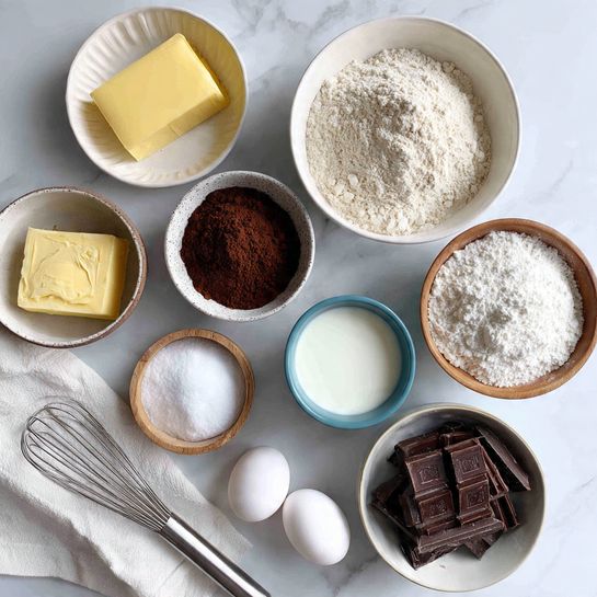 The image shows an overhead view of baking ingredients arranged neatly on a white marbled surface. There is one white bowl with a golden block of butter sitting in melted butter at the top left, and a white bowl filled with light brown flour in the center. A small white speckled bowl holds dark brown cocoa powder on the left side, while a white bowl below it contains white powdered sugar with a spoon mark. On the right side, there is a brown bowl filled with white powdered sugar and a small wooden bowl holding white salt nearby. A blue bowl with white milk sits to the right of the flour bowl, and below it is a white bowl with broken dark chocolate pieces. Three white eggs are placed at the bottom next to a shiny metal whisk. A folded white cloth lies on the bottom left corner. Overall, the ingredients are clearly separated, showing different textures and soft colors on a clean white marbled surface. photo taken with an iphone --ar 4:5 --v 7