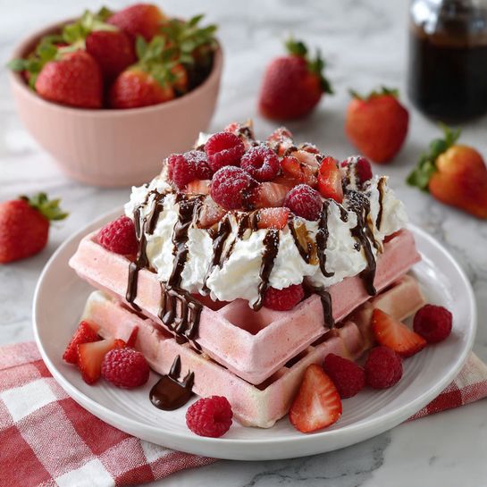 A white plate holds three stacked pink waffles with a soft texture and deep grid pattern. On top, there is a fluffy layer of white whipped cream, covered with halved red strawberries and whole raspberries. A thick dark chocolate sauce is drizzled generously over the berries, cream, and waffles, creating a rich contrast. In the background, a pale pink bowl filled with more sliced strawberries and raspberries sits on a white marbled surface, alongside scattered whole strawberries and a dark bottle. A red and white checkered cloth is partially visible under the plate. Photo taken with an iphone --ar 4:5 --v 7