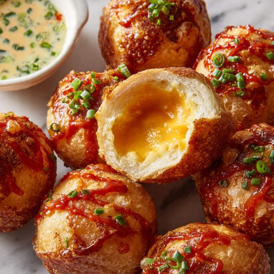 The image shows several golden brown fried buns with a crispy outside layer, each topped with a drizzle of bright red sauce and small green chopped herbs. One bun is open in the center, revealing a creamy, smooth, orange filling inside. The buns rest closely together on a white marbled surface. In the background, there is a small white bowl filled with a light creamy sauce with green specks. The textures highlight the crunchy outer bread, soft filling inside, and fresh green garnish on top. Photo taken with an iphone --ar 4:5 --v 7