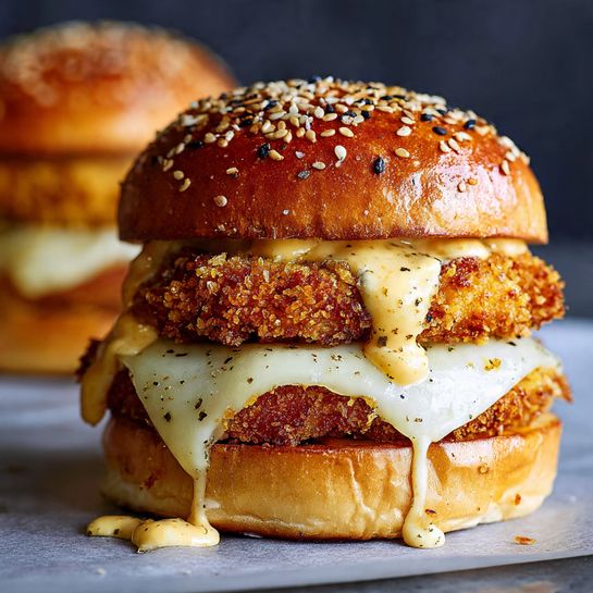 A close-up view of a sandwich showing three main layers inside a soft sesame seed bun. The bottom layer is a glossy, lightly toasted white bun. On top, there is a white cheese slice with smooth texture, slightly melting. Above the cheese, there is a crispy golden-brown fried patty with crunchy texture. The middle is covered by a creamy light orange sauce with small red specks that is dripping down the sides. The sandwich is placed on a white marble surface with out-of-focus fries visible in the background. Photo taken with an iphone --ar 4:5 --v 7