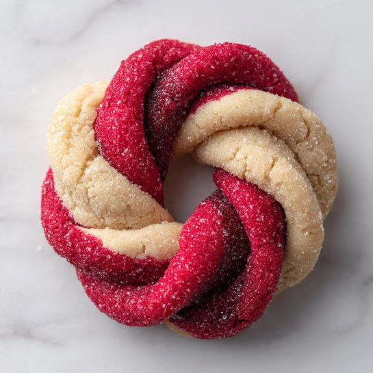 The image shows three round cookies with a twisted spiral pattern, each having two thick layers twisted together. One layer is a smooth, creamy white color with a slightly grainy texture, while the other layer is bright red with a sugared surface, sparkling under light. The cookies have a sugar sprinkle all over, adding a crystalline effect that catches the light. They sit on a soft, white marbled surface, and the background is softly blurred to keep the focus on the front cookie. Photo taken with an iphone --ar 4:5 --v 7