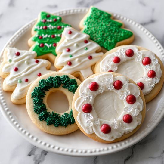 A white plate holds several Christmas-themed sugar cookies with smooth icing. There are green Christmas tree-shaped cookies with different decorations: some have white polka dots, some have white swirls, and some have clear sugar crystals forming garland patterns. Also on the plate are white round cookies decorated as wreaths with green piped icing around the edges and five small red candy balls spaced evenly on the wreath. The background is a white marbled surface. photo taken with an iphone --ar 4:5 --v 7