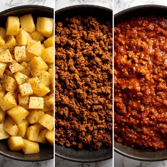 The image shows three side-by-side cooking stages. On the left, inside a black cooking pot, there are pale yellow potato cubes with a light seasoning of black pepper, showing a smooth and slightly shiny texture. In the middle, a black frying pan holds cooked ground beef, brown and crumbly, evenly spread across the pan's surface. On the right, the same pan contains the ground beef now mixed with a thick, rich reddish-brown sauce, giving it a moist and chunky texture, showing a glossy finish. The background is a white marbled texture. Photo taken with an iphone --ar 4:5 --v 7