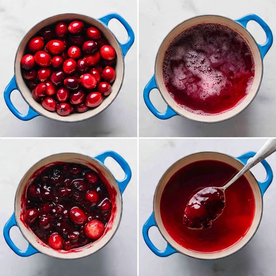 The image shows a blue pot at four different stages of cooking cranberries. The first stage displays a full load of whole bright red and dark red cranberries with smooth, round surfaces inside the pot sitting on a white marbled surface. The second stage shows the cranberries cooking with foam bubbles forming on top, mixing light red foam and the shiny skin of softened cranberries. The third stage has the cranberries further broken down, revealing a thick red liquid with darker chunks floating, and the edges of the pot are stained with splashes of deep red sauce. In the last stage, a silver spoon lifts a thick, chunky red cranberry sauce showing a glossy texture with softened cranberry pieces inside the pot. Photo taken with an iphone --ar 4:5 --v 7