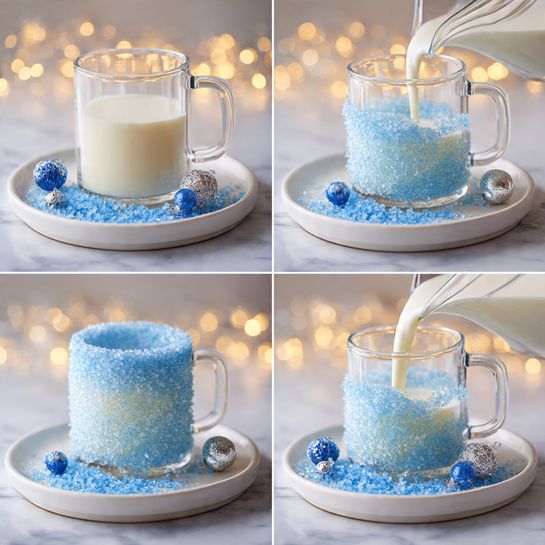 The image shows four steps of making a festive drink with a clear glass mug. In the first layer, the mug sits upside down on a white plate with a pool of blue sugar crystals around the base. The second layer shows the mug upside down, resting in a thick ring of blue sugar crystals on the plate, with colorful string lights softly glowing in the background. The third layer shows the mug upright, with the rim coated thickly in bright blue sugar crystals. The final layer shows a creamy white liquid being poured into the mug, the rim with blue sugar crystals, small blue Christmas ornaments near the base, and the blurred warm lights in the background. All is placed on a white marbled surface, and the photo looks like it was taken with an iphone --ar 4:5 --v 7