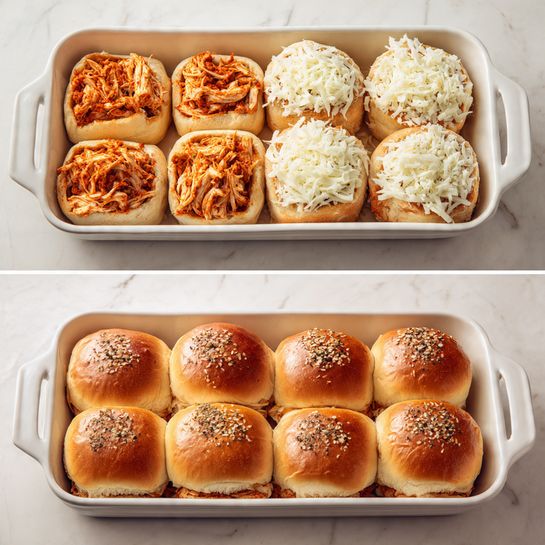 The image shows three stages of making sliders in a white baking dish on a white marbled surface. The first stage has nine open slider buns with a layer of reddish-orange shredded chicken mixed with sauce on top, filling each bun. The second stage adds a layer of white shredded cheese generously spread over the chicken on all nine buns, showing a thick, textured cheese layer that covers most of the chicken. The last stage shows the sliders fully assembled with golden brown tops of the buns, shiny with a slight butter glaze and sprinkled with oats and black pepper. The buns are closed, looking soft and fresh, sitting tightly packed in the dish. photo taken with an iphone --ar 4:5 --v 7