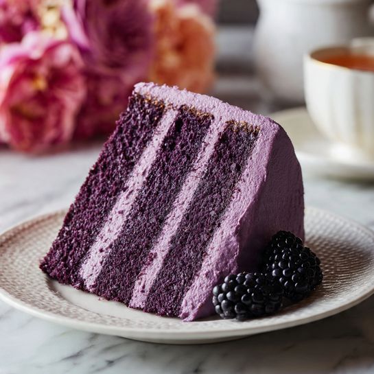 Velvet Blackberry Cake with Cream Cheese Frosting and Edible Flower Garnish Recipe 5 A thick slice of dark purple layered cake sits on a white plate, showing two tall layers of moist cake separated by a rich layer of lighter purple frosting. The outside is coated with smooth purple icing, and some blackberries rest beside the cake on the plate. Small crumbs are scattered around the base, and the background features a white marbled texture with a blurred hint of red in the corner. Photo taken with an iphone --ar 4:5 --v 7