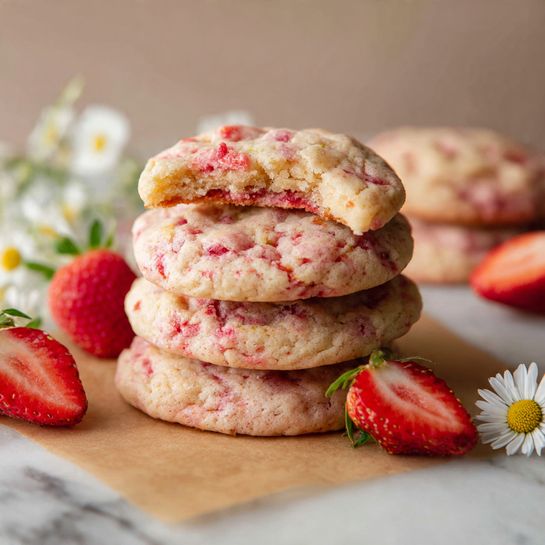 Strawberry Cheesecake Cookies Recipe 5 A stack of soft pink strawberry cookies with visible red strawberry bits is centered on a light brown parchment paper. The top cookie has a bite showing its soft, pale inside. Around the stack are more round cookies of the same kind. Fresh whole and sliced strawberries lie beside the cookies, adding bright red and green colors. A small white daisy flower is placed near the bottom for decoration. The whole scene is set on a white marbled surface. photo taken with an iphone --ar 4:5 --v 7