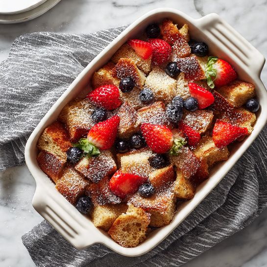The image shows a white rectangular baking dish filled with a baked dessert made from cubed light golden bread pieces, scattered with sliced red strawberries and small round dark blueberries. The top is dusted evenly with white powdered sugar. The dish is placed on a white marbled surface, with two small clear bowls beside it — one filled with blueberries and the other with whole strawberries. Photo taken with an iphone --ar 4:5 --v 7
