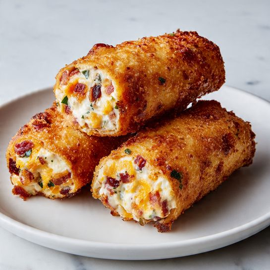 Three golden brown, crispy fried rolls are stacked on a plain white plate over a white marbled surface. Two rolls lie flat on the plate while one roll is angled on top, showing its inside creamy white filling with small bits of orange cheese, red bacon pieces, and green herbs evenly mixed. The outside texture is crunchy with small bubbles and slight roughness typical of fried batter. The lighting highlights the shiny and crispy surface details. Photo taken with an iphone --ar 4:5 --v 7