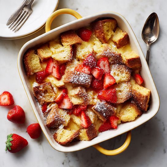 The image shows a square white baking dish with yellow handles filled with a layered bread pudding. The pudding has golden brown toasted bread cubes on top, mixed with creamy, soft, custard-like pieces visible beneath. Bright red strawberry slices are scattered evenly all over the top layer along with a light dusting of powdered sugar. Around the dish on the white marbled surface, more chopped strawberries are scattered randomly. A woman's hand is partly visible holding a fork above a stack of clean white plates in the top left corner. Photo taken with an iphone --ar 4:5 --v 7
