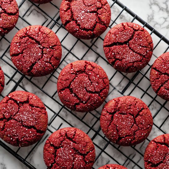 The image shows fifteen round red cookies spread out evenly on a black cooling rack. Each cookie has a rough, cracked surface texture with sugar crystals visible on top, giving a slight sparkle. The cookies sit on the grid of the black rack, arranged in three rows of five. The background beneath the rack is a white marbled texture. The photo was taken with an iphone --ar 4:5 --v 7
