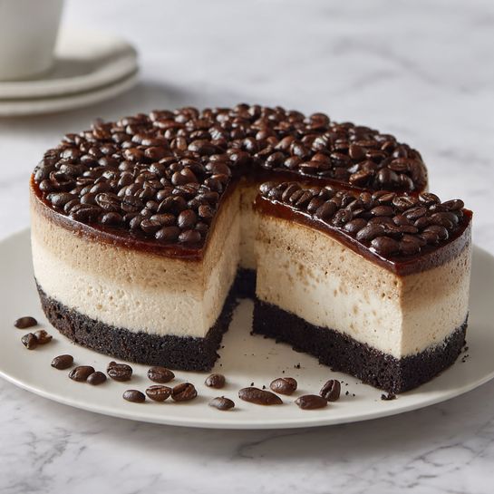 The image shows a three-layer coffee cheesecake on a white plate placed on a white marbled surface. The bottom layer is dark brown and crumbly, resembling a chocolate cookie crust. The middle layer is thick, creamy, and light beige in color with a smooth texture. The top layer is covered with a dense layer of shiny, dark brown coffee beans, giving a rich and textured look. One slice has been removed, showing the clean layers inside the cake. Coffee beans also scatter around the base of the plate. The photo taken with an iphone --ar 4:5 --v 7