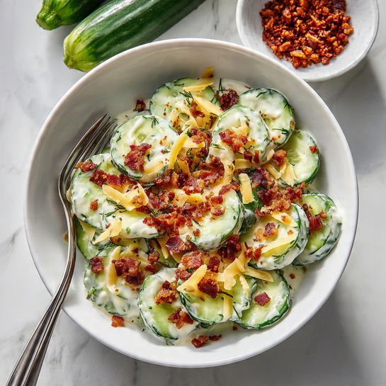 A white bowl holds a cucumber salad with two main layers. The bottom layer is thick slices of bright green cucumber with some seeds visible. The top layer includes creamy white dressing drizzled over the cucumbers, thin flakes of pale yellow cheese scattered around, and small brown crunchy bits sprinkled on top. A silver fork is stuck into the salad, pinching some cucumber slices and cheese flakes. In the background, on a white marbled surface, are two whole green cucumbers and a small white bowl filled with more brown crunchy bits. The photo taken with an iphone --ar 4:5 --v 7
