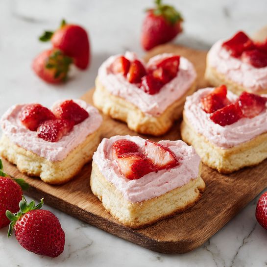 Several small heart-shaped pastries are placed on a wooden board. Each pastry has a light golden-brown base layer with a soft, puffy texture. On top of the base is a thick layer of smooth, pink cream spread evenly inside the heart shapes. Fresh red strawberry pieces are scattered on the cream, their juicy, textured surfaces adding color and freshness. Around the board on a white marbled surface, there are a few whole strawberries with green leaves still attached. The scene has a close-up focus, showing the details of the pastries and the strawberries. photo taken with an iphone --ar 4:5 --v 7