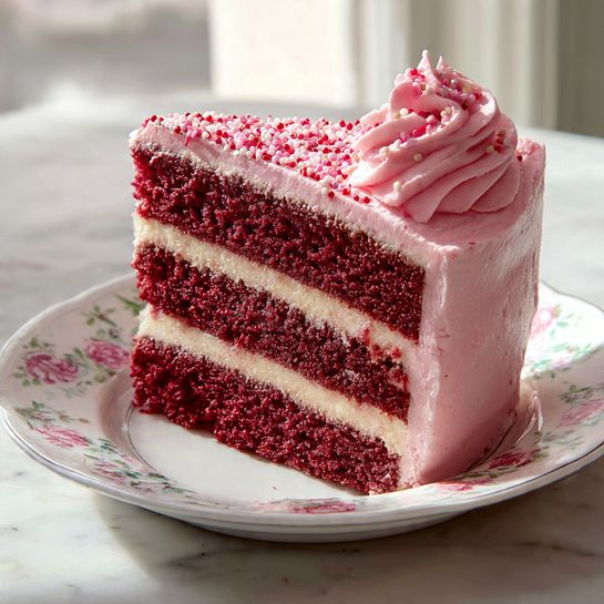 A slice of three-layer red velvet cake with each layer thick and dark red, separated by two layers of smooth pink cream. The outside is fully covered with the same pink cream, and the top has a swirl of pink frosting dotted with small white and red sprinkles. The cake sits on a white plate with delicate floral patterns, placed on a white marbled surface. The background is softly blurred with natural light coming from a window. photo taken with an iphone --ar 4:5 --v 7